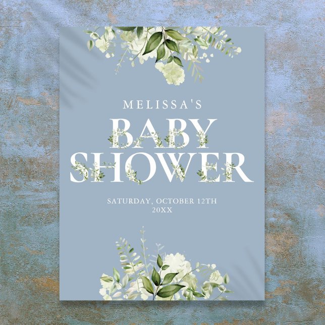 Poster Sinal de Chuveiro de Bebê Floral Azul Empoeirado (Dusty Blue Greenery Floral Baby Shower Sign)