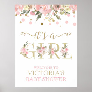 Poster Sinal de Chuveiro de Bebê Floral em Aquarela Doura