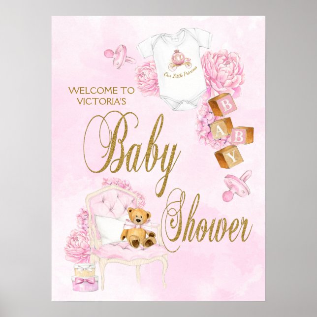 Poster Sinal de Chuveiro de Bebê Menina Aquarela Rosa Dou (Frente)