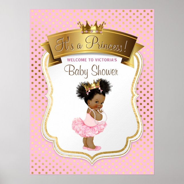 Poster Sinal de Chuveiro de Bebê Princesa Afro-Americana (Frente)