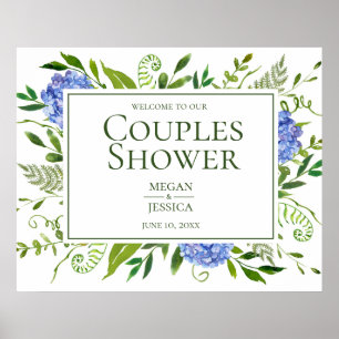 Poster Sinal de Chuveiro de Casais com Hortênsias Azuis