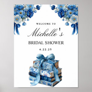 Poster Sinal de Chuveiro de Noiva Azul Floral Um Novo Cap