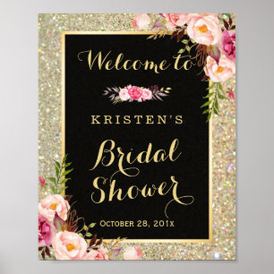 Pôster Sinal de Chuveiro de Noiva Dourado Brilho Flores