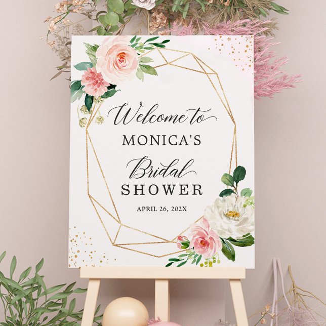 Poster Sinal de Chuveiro de Noiva Floral Blush Geométrico (Criador carregado)