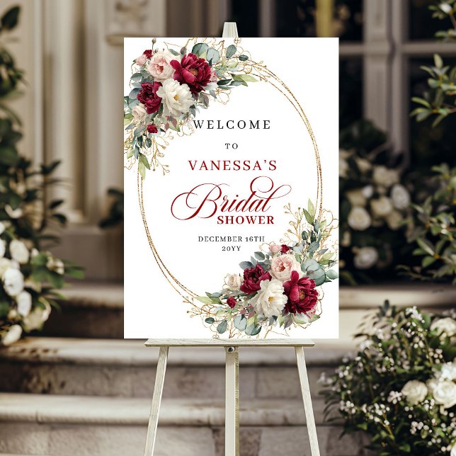 Poster Sinal de Chuveiro de Noiva Floral Branco Borgonha  (Timeless Burgundy White Floral Bridal Shower Welcome)