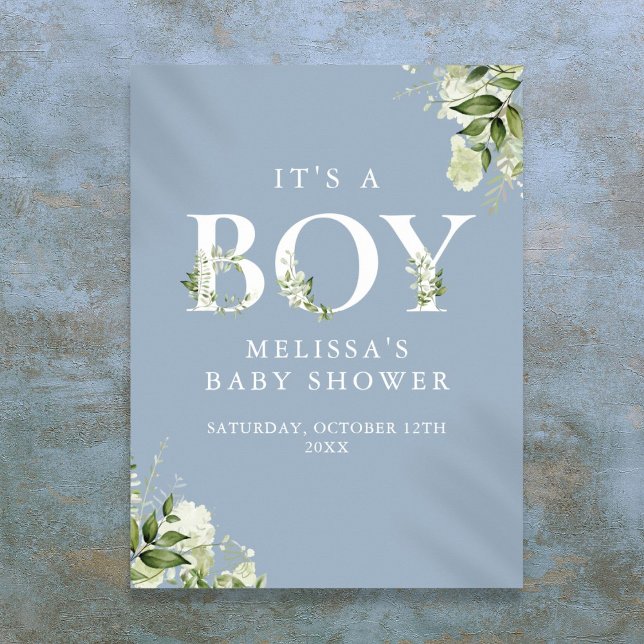 Poster Sinal de Chuvinha Azul É um Menino para Chá de Beb (Blue Its A Boy Greenery Baby Shower Sign)