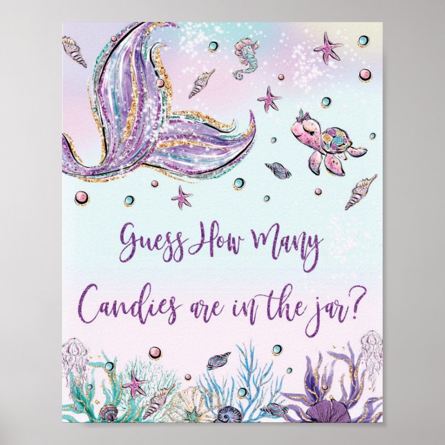 Poster Sinal de Chuvinha de Bebê Mermaid Adivinhe Quantas (Frente)