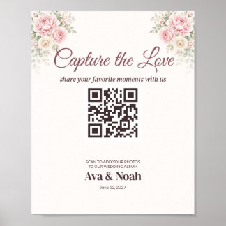 Poster Sinal de Código QR de Casamento Floral Blush, Comp