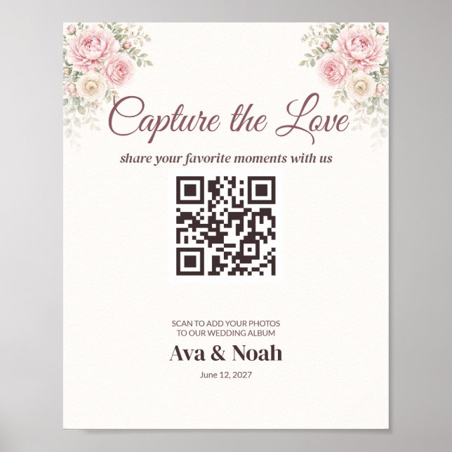 Poster Sinal de Código QR de Casamento Floral Blush, Comp (Frente)