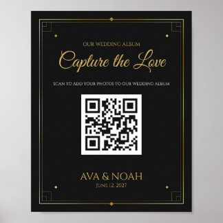 Poster Sinal de Código QR de Casamento Preto e Dourado, L