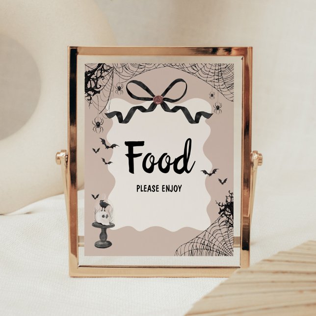Poster Sinal de Comida Chá de fraldas Gótico Pequeno (Black Bow Little Boo Halloween Gothic Baby Shower Sign)