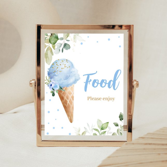 Poster Sinal de comida de Sorvete Azul para Chá de Bebê (Ice Cream Baby Shower Food Sign)