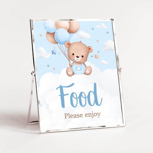 Poster Sinal de Comida do Urso Azul (Blue Boy Teddy Bear Clouds Balloon Baby Shower Sign)
