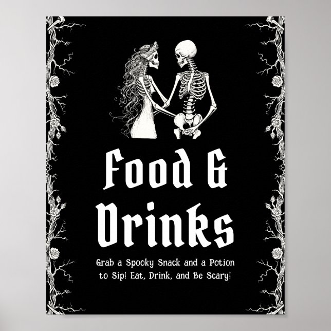 Poster Sinal de Comida e Bebidas do Esqueleto Gótico Negr (Frente)