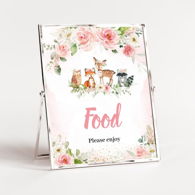 Poster Sinal de Comida Floral Rosa de Floresta para Banho (Girl Woodland Animals Baby Shower Food Sign)