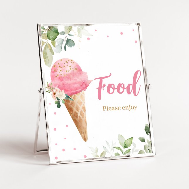 Poster Sinal de comida para chá de bebê com sorvete rosa (Girl Ice Cream Baby Shower Food Sign)