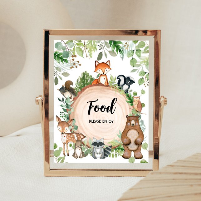 Poster Sinal de Comida para Chá de Bebê de Animais da Flo (Wood Slice Woodland Baby Shower Food Sign)