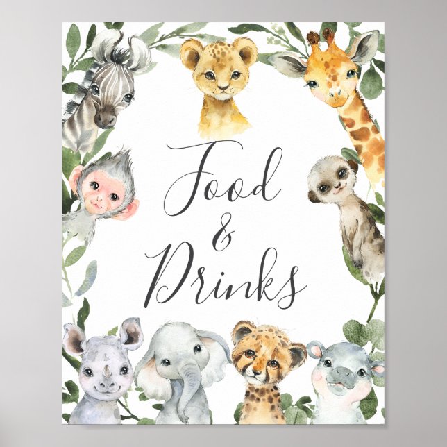 Poster Sinal de Comidas e Bebidas de Animais Safari (Frente)