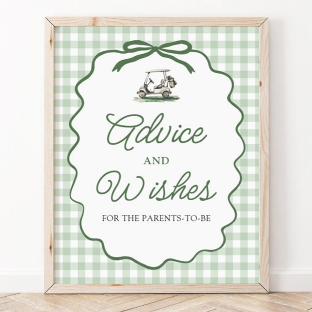 Poster Sinal de Conselho e Desejos de Golfe com Laço de G (Sage Green Gingham Bow Golf Advice and Wishes Sign)