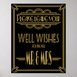 Poster Sinal de desejos Dourados e negros do Art Deco Wed