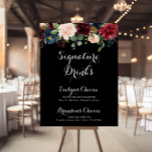 Poster Sinal de Dígitos de Assinatura Botânica Negra Rúst<br><div class="desc">Este sinal de bebida botânica preto é perfeito para um casamento clássico. A design apresenta flores brilhantes, vermelhas, marinhos, azuis e esbranquiçadas radiantes e graciosas pintadas à mão num fundo preto, inspirando beleza natural. Personalize o sinal com os nomes da noiva e do noivo e a sua escolha de bebida...</div>
