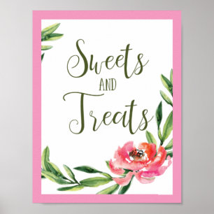 Poster Sinal de Doces Florais em Aquarela Rosa e Verde
