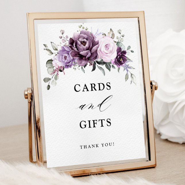 Poster Sinal de Dons e Cartazes de Blooms Roxos Dusty (Shades of dusty purple bloom cards and gifts wedding sign)