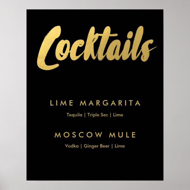 Poster Sinal de dourado do menu Cocktails | cor editável (Frente)