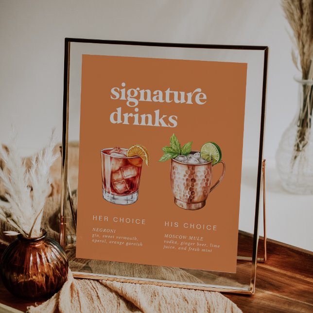 Poster Sinal de Dringas de Assinatura de Casamento Laranj (Retro Summer Orange Wedding Signature Drinks Sign)