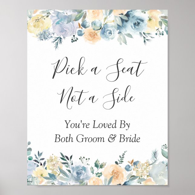 Poster Sinal de Escolha de Assento de Casamento Floral Az (Frente)