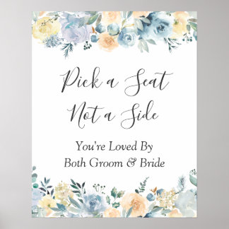 Poster Sinal de Escolha de Assento de Casamento Floral Az
