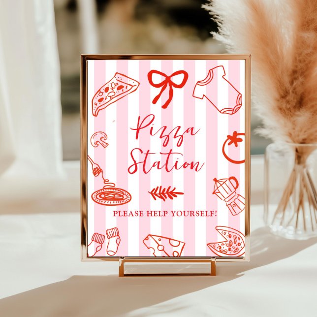 Poster Sinal de Estação de Pizza Slice Slice Baby (Red and Pink Pizza station baby shower sign)