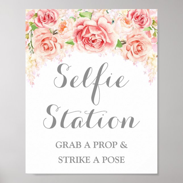 Poster Sinal de Estação de Selfie Casamento Floral Aquare (Frente)