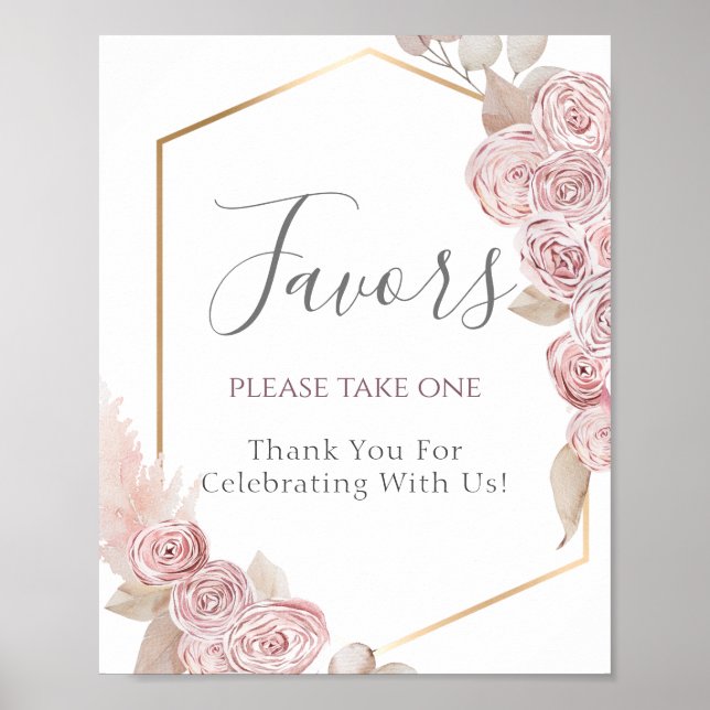 Poster Sinal de Favor de Casamento Dourado das Flores Ros (Frente)