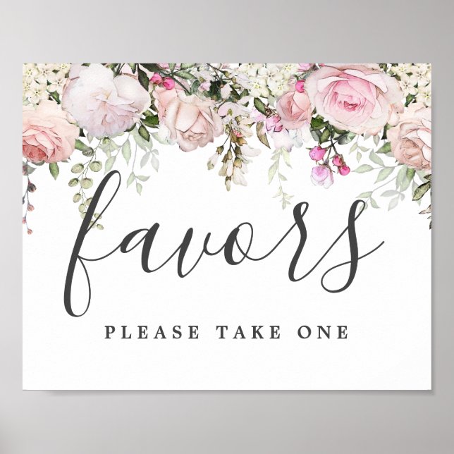 Poster Sinal de Favor de Casamento Floral Branco Rosa Ros (Frente)