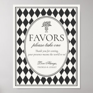 Poster Sinal de Favor de Casamento Xadrez Harlequim Preto