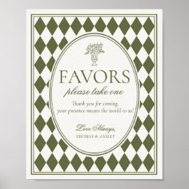 Poster Sinal de Favor de Casamento Xadrez Harlequim Verde