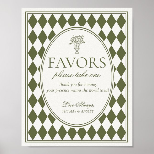 Poster Sinal de Favor de Casamento Xadrez Harlequim Verde (Frente)