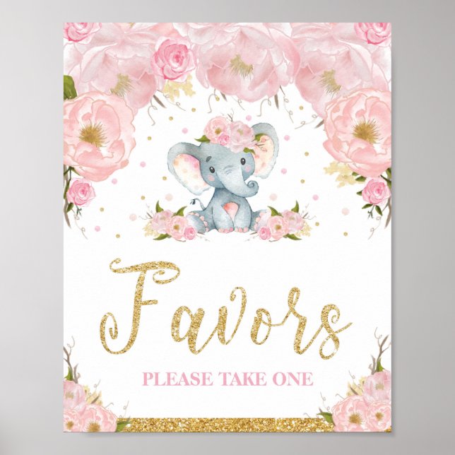 Poster Sinal de Favor de Chuveiro de Bebê Elefante Floral (Frente)