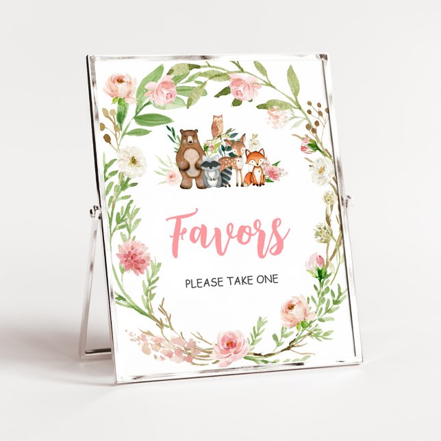 Poster Sinal de Favor de Chuveiro de Bebê Floral Rosa da  (Girl Woodland Animals Baby Shower Favors Sign)