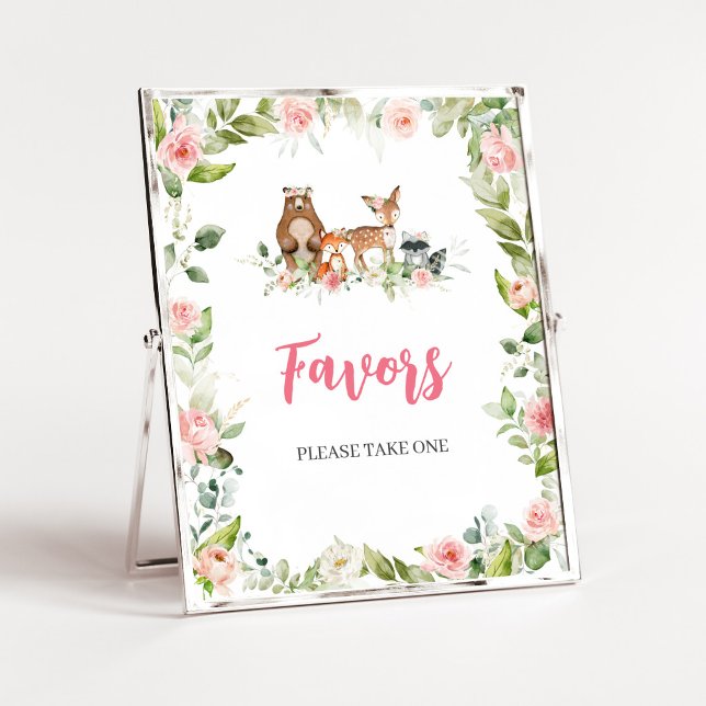 Poster Sinal de Favor de Chuveiro de Bebê Florestal da Fl (Girl Woodland Animals Baby Shower Favors Sign)