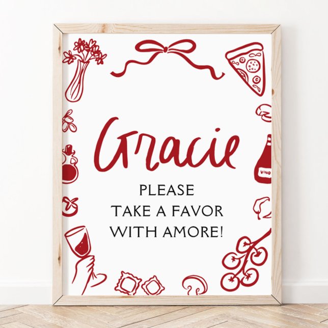 Poster Sinal de Favor de Pizza e Massa Desenhada à Mão It (Red Italian Hand Drawn Pizza Pasta Favors Sign)