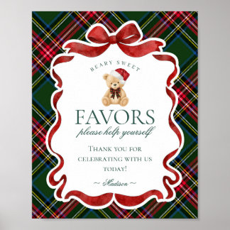 Poster Sinal de Favor de Urso de Natal com Xadrez Verde E