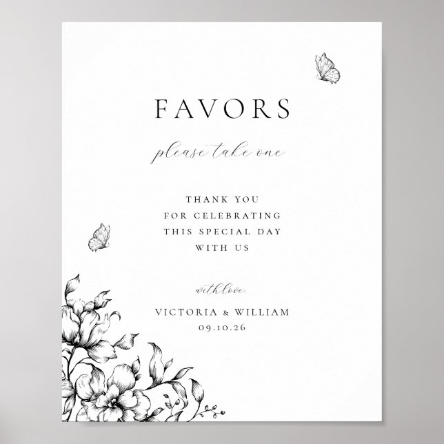 Poster Sinal de Favor do Casamento Floral Preto (Frente)