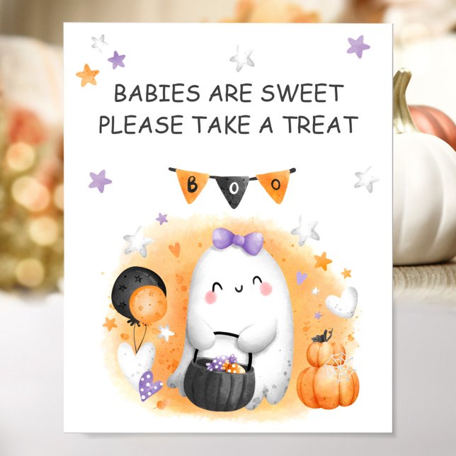 Poster Sinal de Favor Fantasma Pequeno Chá de fraldas de  (Halloween Girl Baby Shower Little Ghost Favor Sign)