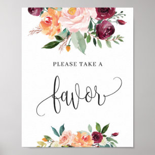 Poster Sinal de favor floral laranja burgundy do outono