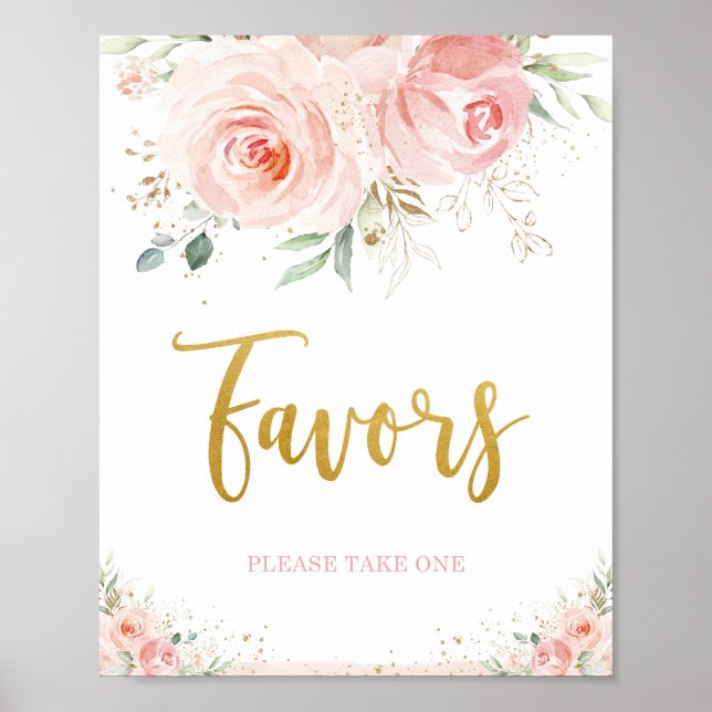 Poster Sinal de Favor Rosa Floral Chic Dourado (Frente)