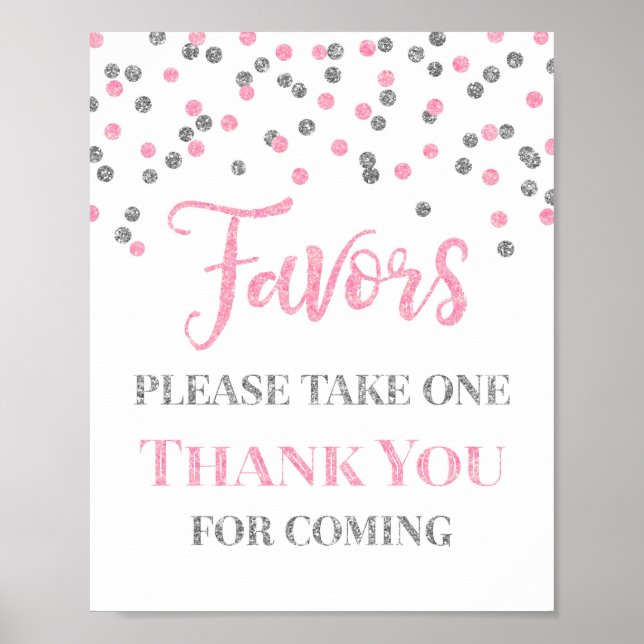 Poster Sinal de Favores de Confete Rosa Prata para Chá de (Frente)