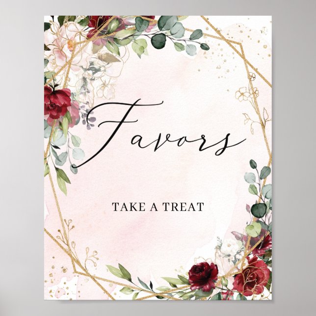 Poster Sinal de favores de ouro floral vermelho-profundo  (Frente)