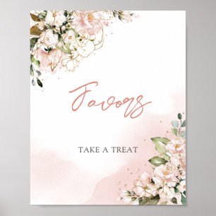 Poster Sinal de favores moderno boho floral rosa dourado